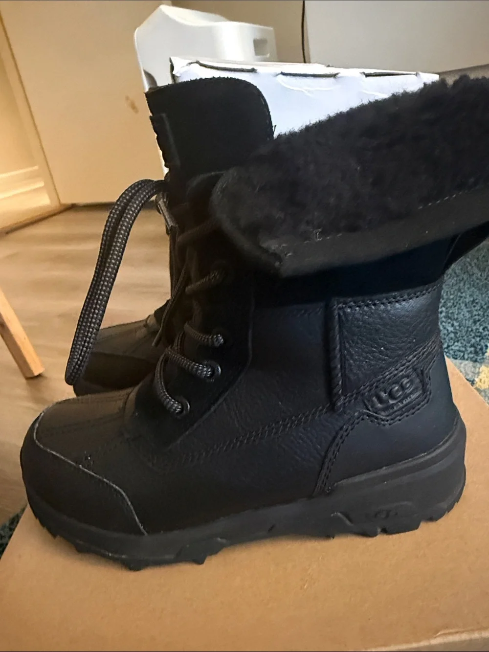 UGG Kids Black Lace-Up Winter Boots with Shearling Cuff
